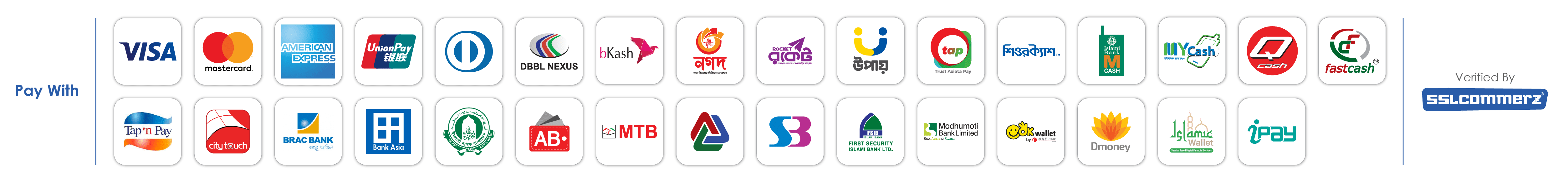 Pay With SSLCOMMERZ — VISA, Mastercard, AMEX, bKash, Nagad, Rocket, DBBL Nexus, Upay